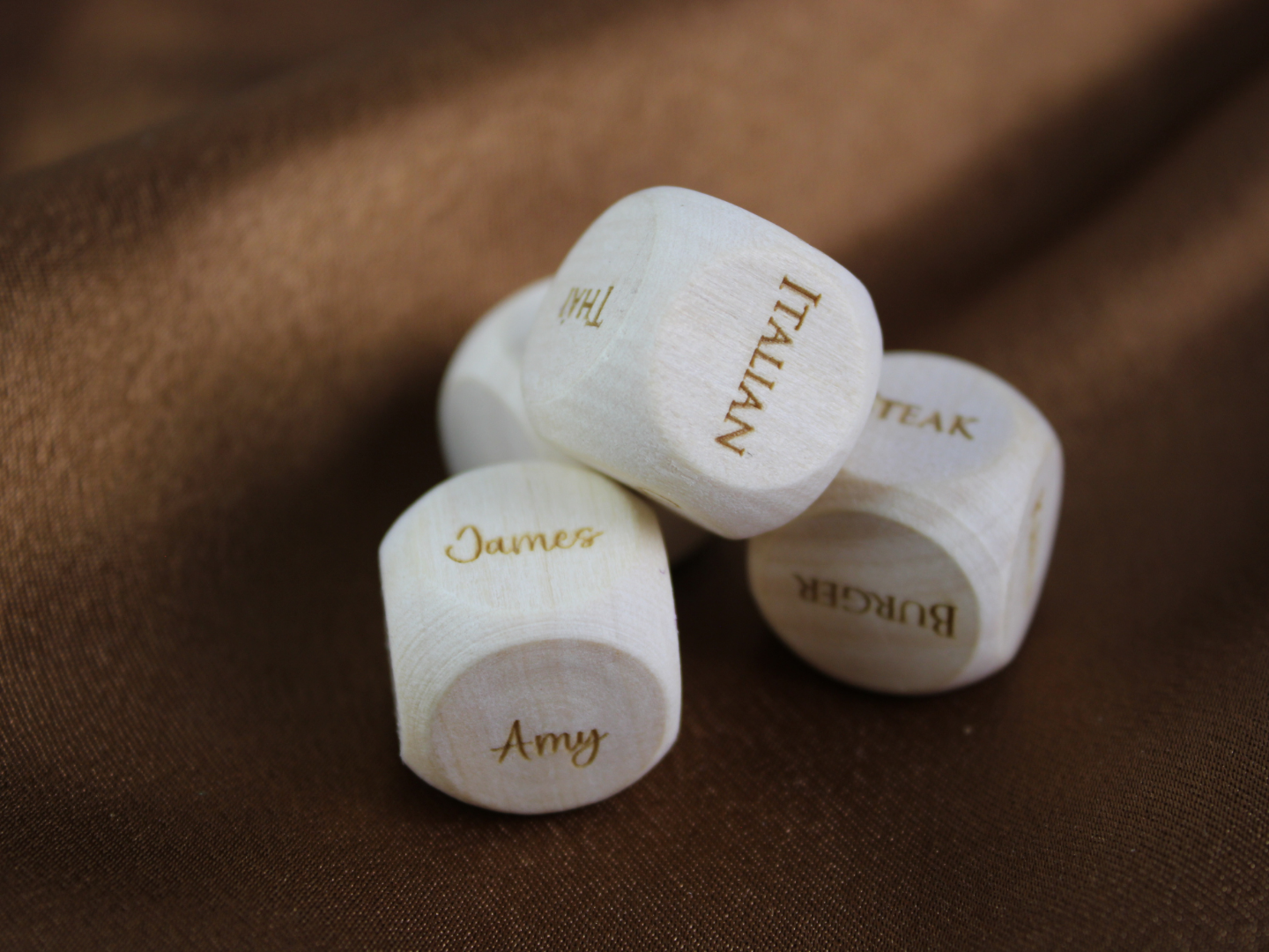 Set of 5 Personalised Wood Handmade Engraved Decision Dice 20mm - Image 4
