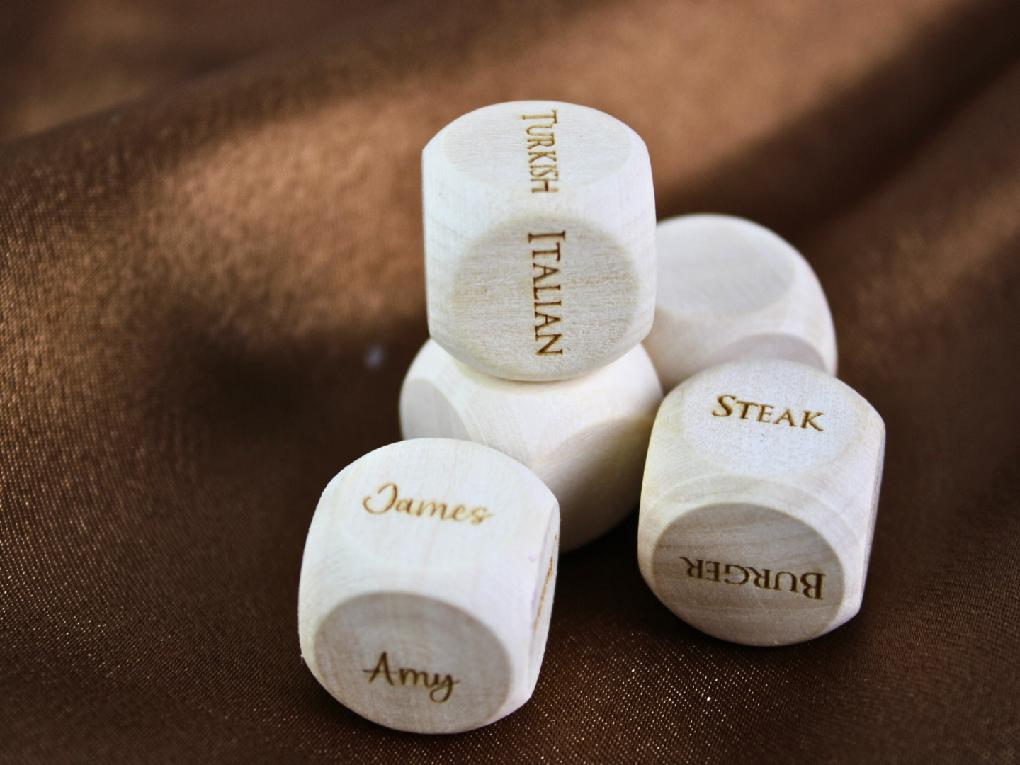 Set of 5 Personalised Wood Handmade Engraved Decision Dice 20mm