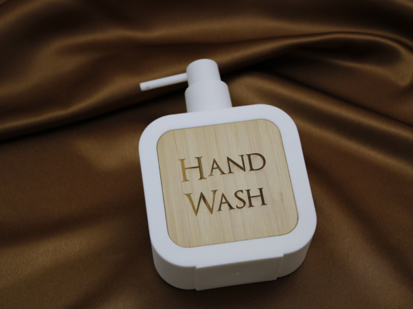 Personalised Acrylic and Bamboo Centre Engraved Soap Dispenser in White - Image 4