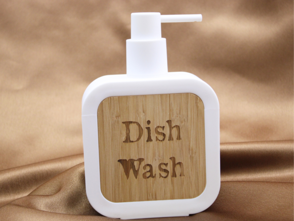 Personalised Acrylic and Bamboo Centre Engraved Soap Dispenser in White - Image 2