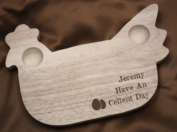 Chicken Shaped Personalised Engraved Wooden Dippy Egg Breakfast Board with Egg-cellent Day Design