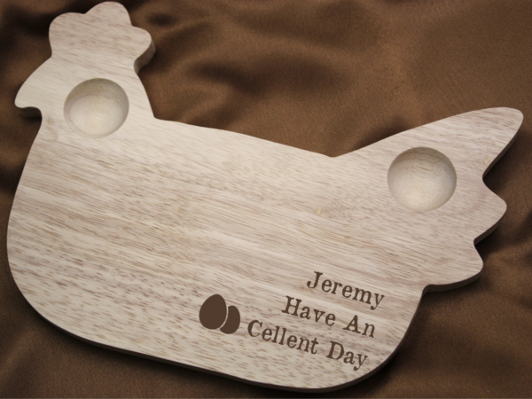 Chicken Shaped Personalised Engraved Wooden Dippy Egg Breakfast Board with Egg-cellent Day Design - Image 2