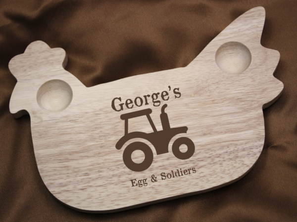 Chicken Shaped Personalised Engraved Wooden Dippy Egg Breakfast Board with Tractor Design