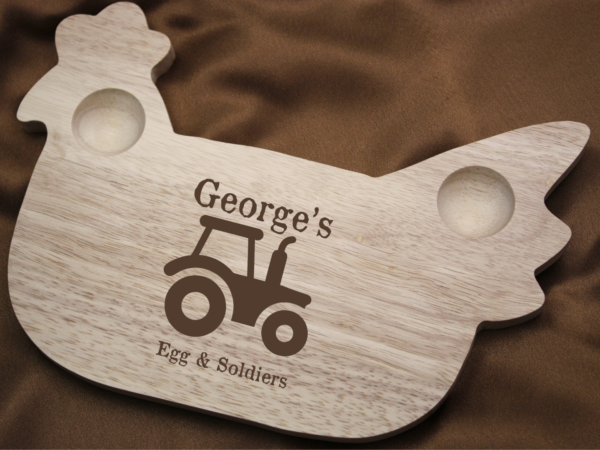 Chicken Shaped Personalised Engraved Wooden Dippy Egg Breakfast Board with Tractor Design - Image 2