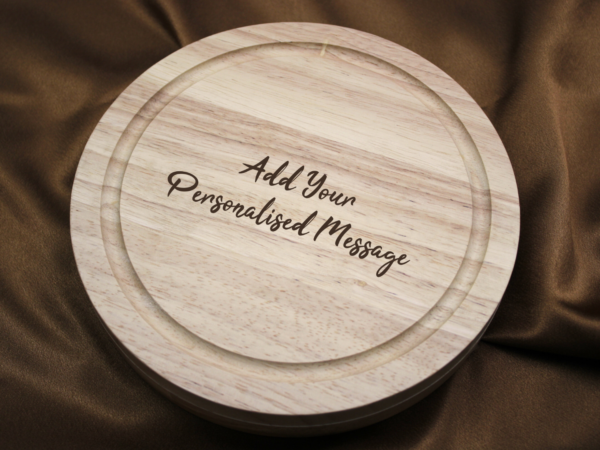 Add Your Message Personalised Engraved Wooden Round Cheese Board with 4 Cheese Knives 21 cm - Image 2