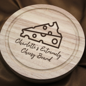 Cheese Block Design Personalised Engraved Wooden Round Cheese Board with 4 Cheese Knives 21 cm